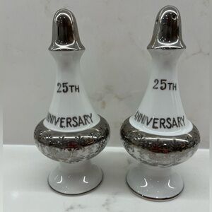 Vintage White and Silver 25th Silver Anniversary Salt Pepper Shaker Set Japan